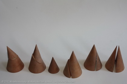 17 wooden cones with all types of conic sections
